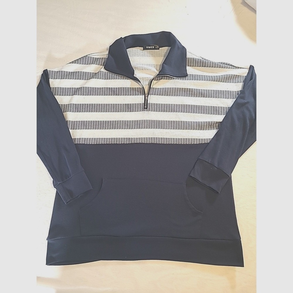 Aimico Mens XL Quarter Zip Pullover Striped Navy Blue Textured Kangaroo Pocket